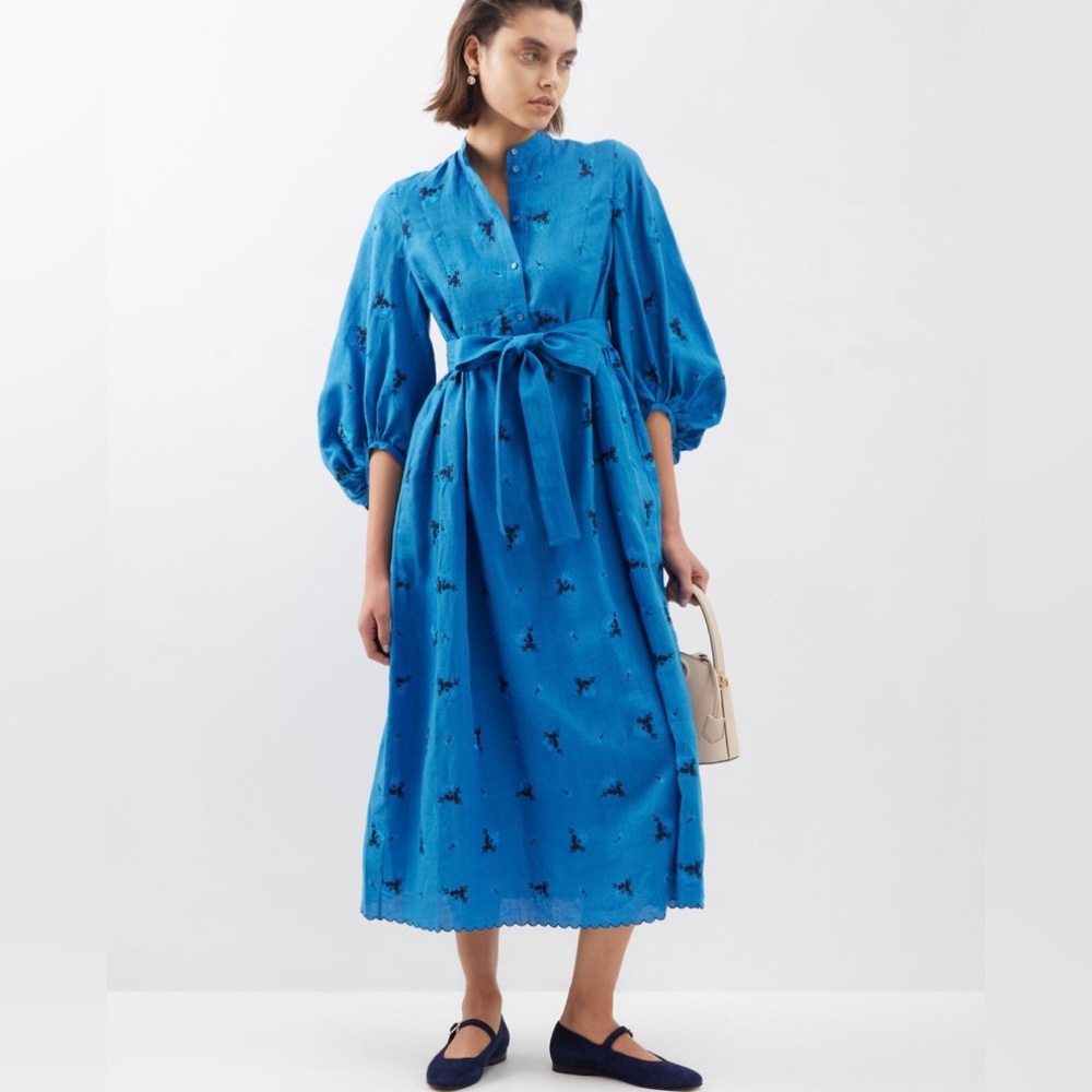 ERDEM Blue Midi Dress with Black Embroidered Motifs